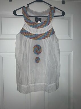 White Halter Tank with Multicolor Embroidery